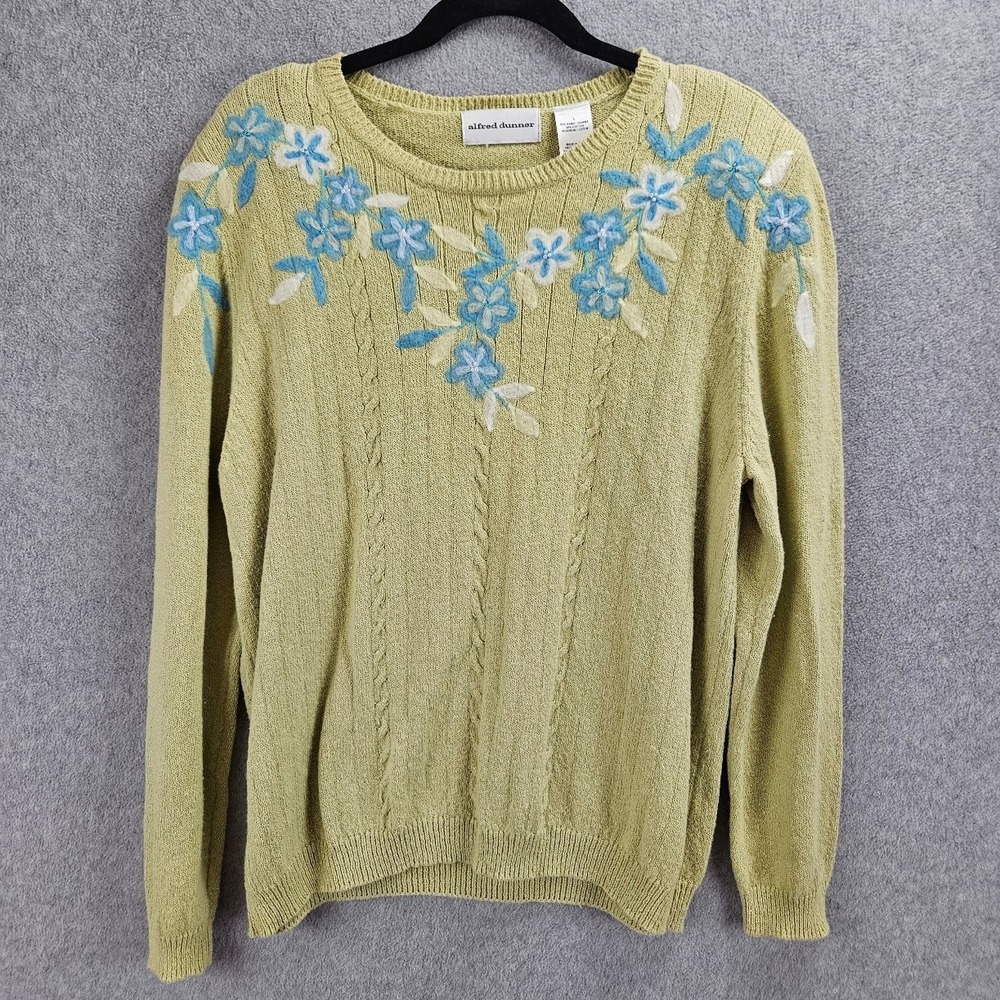ALFRED DUNNER | Womens Sage Green Cable Knit Floral Embroidered Beaded Sweater L